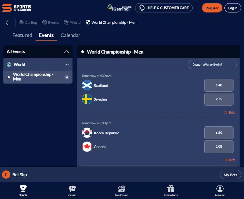 A desktop screenshot of Sports Interaction's curling betting page.