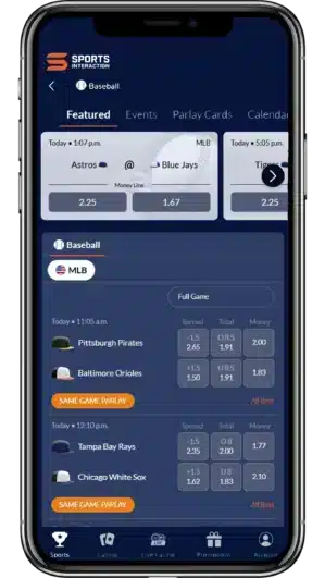 A image of a smartphone displaying Sports Interaction's MLB Betting app on screen