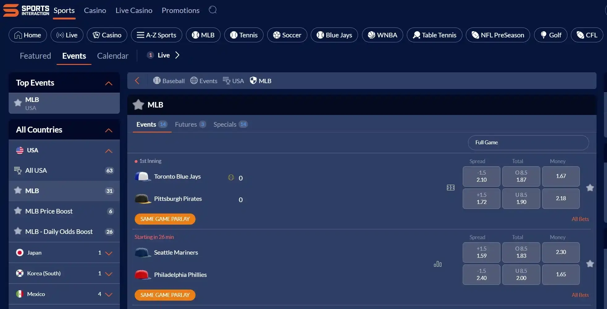 A screenshot of the desktop view of Sports Interactions MLB odds