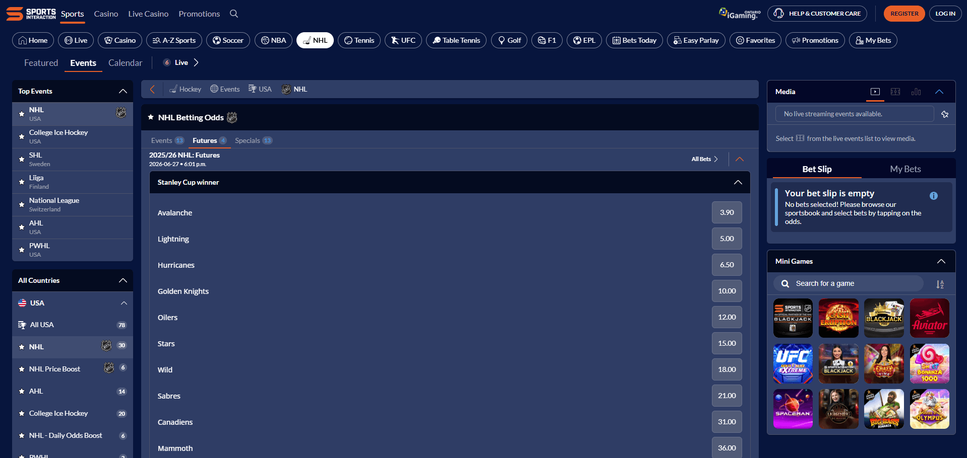 A desktop view screenshot of Sports Interaction's NHL futures betting page.