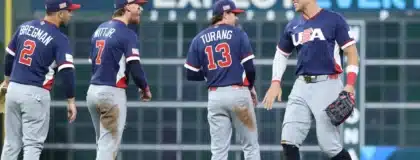 Mar 13, 2026; Houston, TX, United States; United States right fielder Aaron Judge (99), second baseman Brice Turang (13), shortstop Bobby Witt Jr. (7) and third baseman Alex Bregman (2) celebrate after defeating Canada during a quarterfinal game of the 2026 World Baseball Classic at Daikin Park.