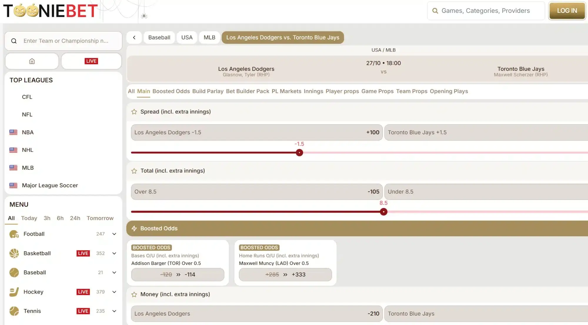 A screenshot of the desktop view of TonnieBet's MLB betting site