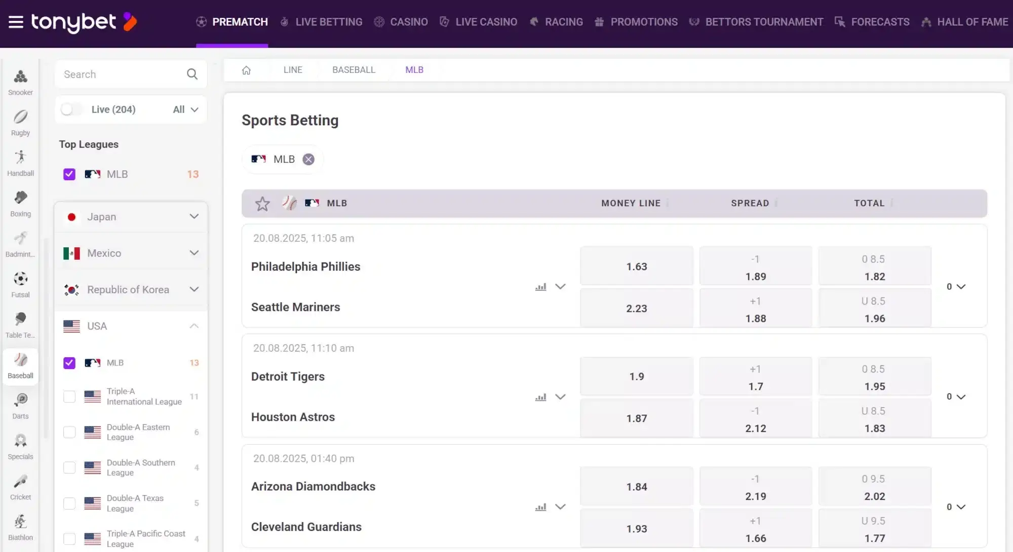 A screenshot of the desktop view of TonyBet's MLB odds