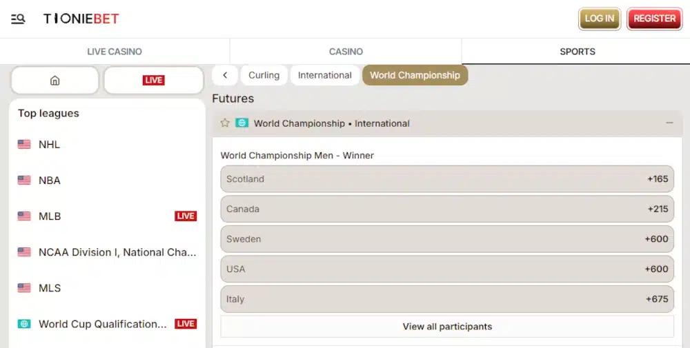 A desktop screenshot of ToonieBet's curling betting page.