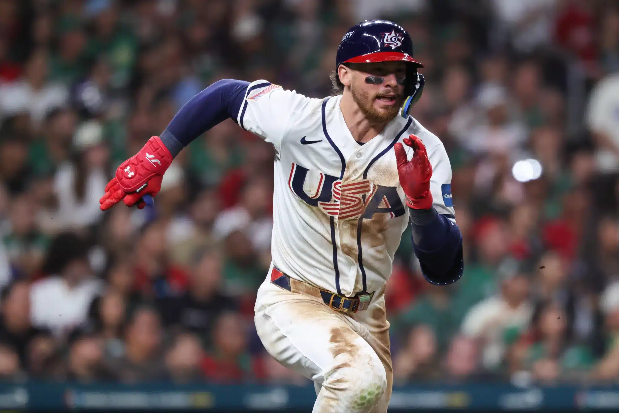 Mar 9, 2026; Houston, TX, United States; United States infielder Bobby Witt Jr. (7) hits a double in the eighth inning against Mexico at Daikin Park. 