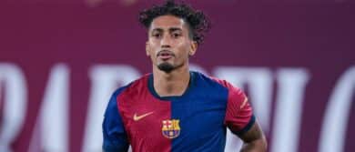 Barcelona midfielder Raphinha (11) in action against Real Madrid during the second half at MetLife Stadium.