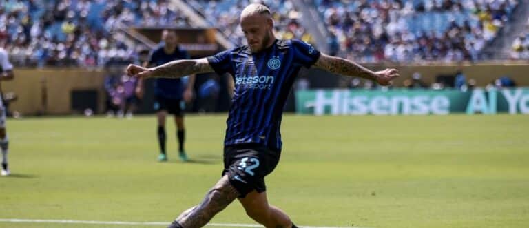 FC Inter Milan defender Federico Dimarco (32) kicks the ball during the first half during a round of 16 match of the 2025 FIFA Club World Cup at Bank of America Stadium