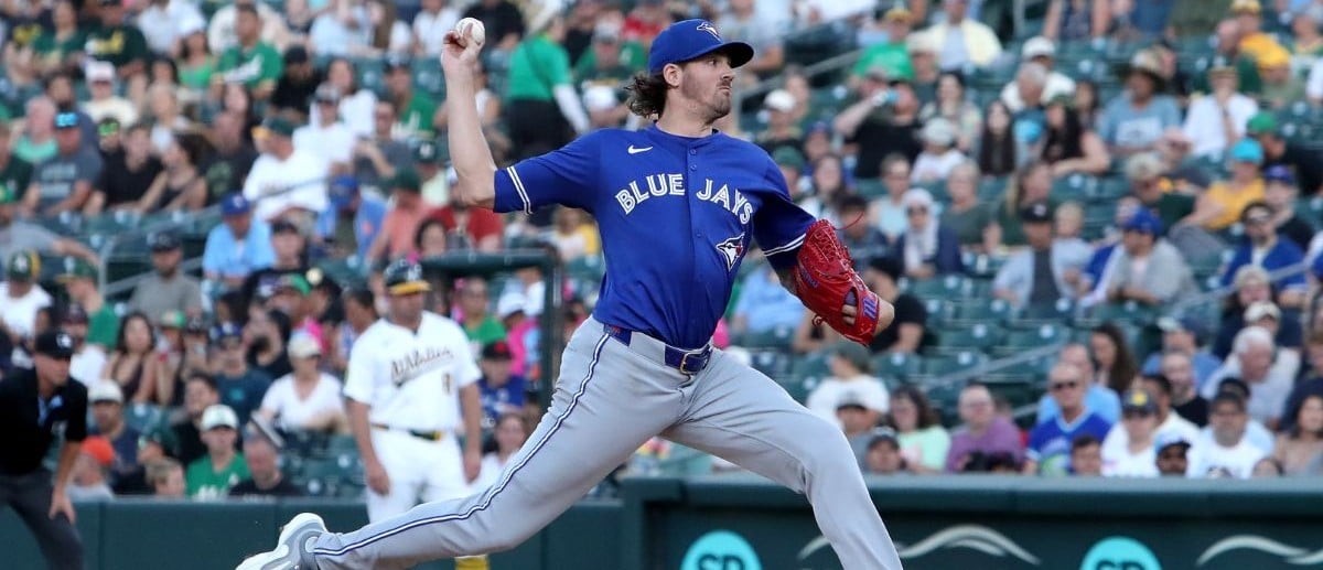 Toronto Blue Jays starting pitcher Kevin Gausman (34) throws a pitch against the Athletics during the second inning at Sutter Health Park.