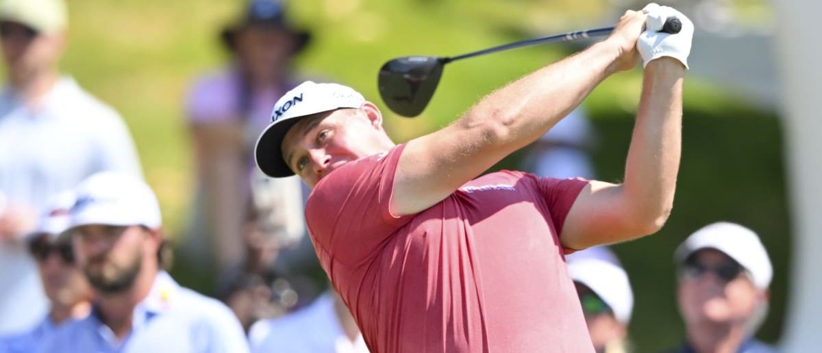 Sepp Straka plays his shot from the first tee during the third round of the FedEx St. Jude Championship golf tournament.