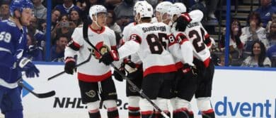 Ottawa Senators center Dylan Cozens (24) is congratulated after he scored a goal against the Tampa Bay Lightning during the first period at Benchmark International Arena