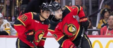 Ottawa Senators center Tim Stutzle (18) and right wing Drake Batherson (19) follow the puck in the first period against the Boston Bruins at the Canadian Tire Centre