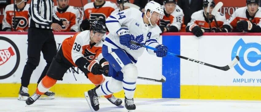 Toronto Maple Leafs defenseman Morgan Rielly (44) passes the puck against the Philadelphia Flyers in the first period at Xfinity Mobile Arena.