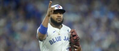 Toronto Blue Jays first baseman Vladimir Guerrero Jr. (27) looks on before game seven of the 2025 MLB World Series against the Los Angeles Dodgers at Rogers Centre