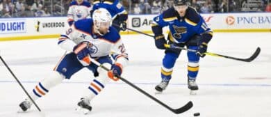 Edmonton Oilers center Leon Draisaitl (29) controls the puck against the St. Louis Blues during the third period at Enterprise Center