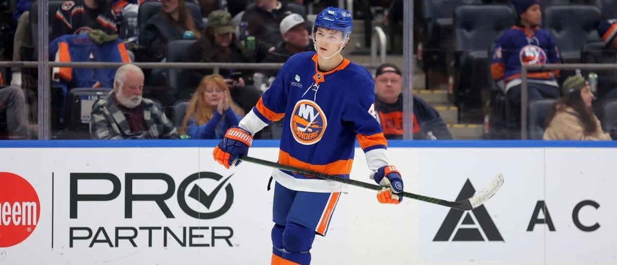 New York Islanders defenseman Matthew Schaefer (48) skates against the Minnesota Wild during the third period at UBS Arena.