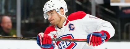 MontrÈal Canadiens center Nick Suzuki (14) warms up before a game against the Vegas Golden Knights at T-Mobile Arena