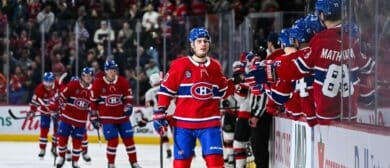 Montreal Canadiens left wing Juraj Slafkovsky (20) celebrates his goal against the Ottawa Senators with his teammates at the bench during the first period at Bell Centre
