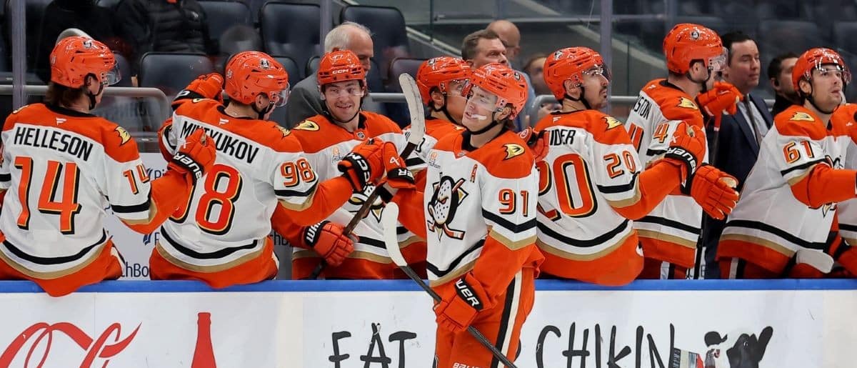 Anaheim Ducks center Leo Carlsson (91) celebrates his goal against the New York Islanders with teammates during the second period at UBS Arena