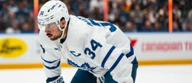 Toronto Maple Leafs forward Auston Matthews (34) during a stop in play against the Vancouver Canucks in the third period at Rogers Arena.