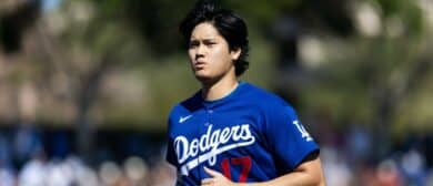 Los Angeles Dodgers designated hitter Shohei Ohtani against the Los Angeles Angels during a spring training game at Tempe Diablo Stadium.