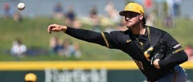 Pittsburgh Pirates starting pitcher Paul Skenes (30) throws a pitch in the second inning against the Atlanta Braves during spring training at CoolToday Park
