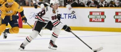 Chicago Blackhawks center Connor Bedard (98) skates with the puck on a break away against the Nashville Predators during the second period at Bridgestone Arena.