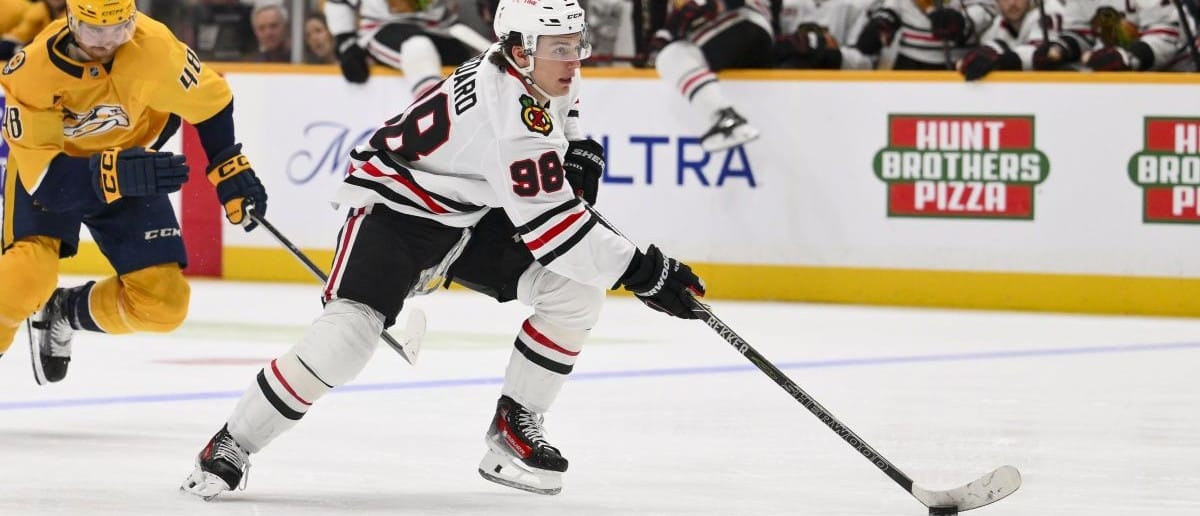 Chicago Blackhawks center Connor Bedard (98) skates with the puck on a break away against the Nashville Predators during the second period at Bridgestone Arena.