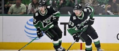 Dallas Stars center Mavrik Bourque (22) and center Wyatt Johnston (53) skate against the Nashville Predators during the third period at the American Airlines Center.