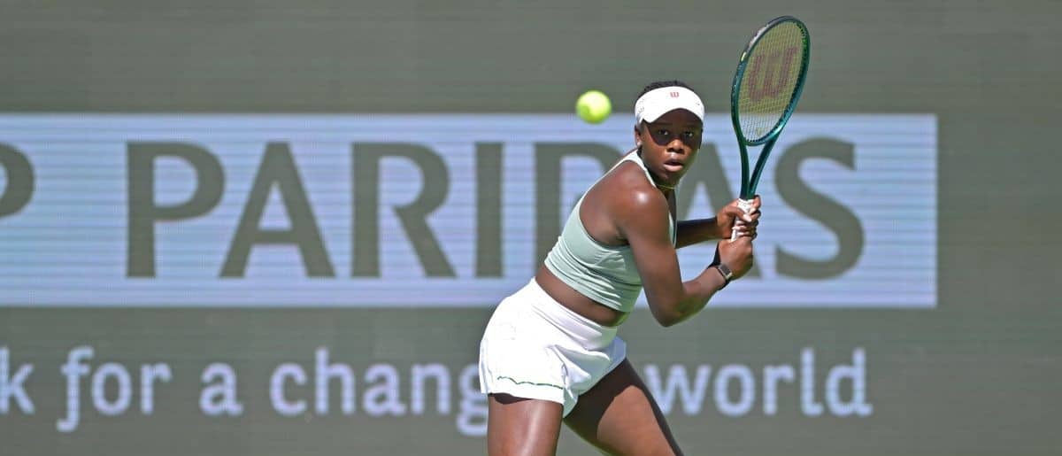 Victoria Mboko (CAN) during a practice session for the BNP Paribas Open at the Indian Wells Tennis Garden