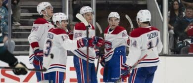 Montreal Canadiens right wing Cole Caufield (13) , left wing Juraj Slafkovský (20) , right wing Ivan Demidov (93) defenseman Lane Hutson (48) and center Nick Suzuki (14) celebrate after scoring a goal during the third period against the San Jose Sharks at SAP Center at San Jose.