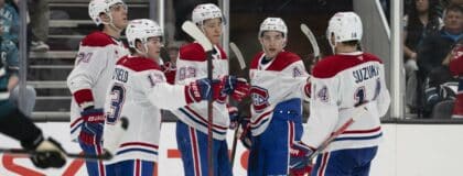 Montreal Canadiens right wing Cole Caufield (13) , left wing Juraj Slafkovský (20) , right wing Ivan Demidov (93) defenseman Lane Hutson (48) and center Nick Suzuki (14) celebrate after scoring a goal during the third period against the San Jose Sharks at SAP Center at San Jose.