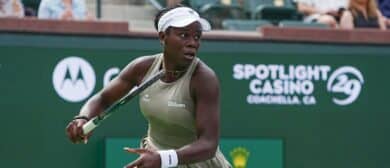 Victoria Mboko runs down a shot during round 2 win at the BNP Paribas Open at the Indian Wells Tennis Garden in Indian Wells, Calif., March 6, 2026.