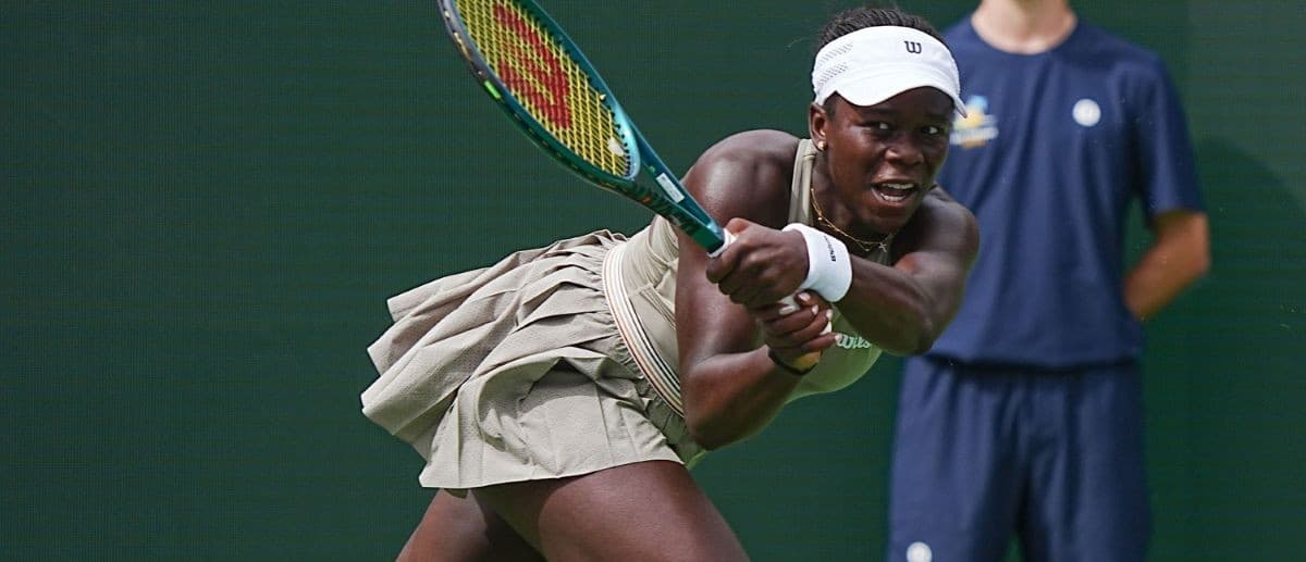 Victoria Mboko hits a shot during round 2 win at the BNP Paribas Open at the Indian Wells Tennis Garden in Indian Wells, Calif., March 6, 2026.