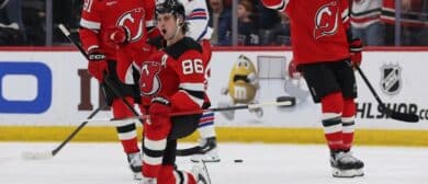 New Jersey Devils center Jack Hughes (86) celebrates his goal against the New York Rangers during the third period at Prudential Center.