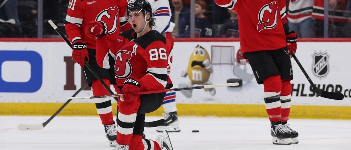 New Jersey Devils center Jack Hughes (86) celebrates his goal against the New York Rangers during the third period at Prudential Center.