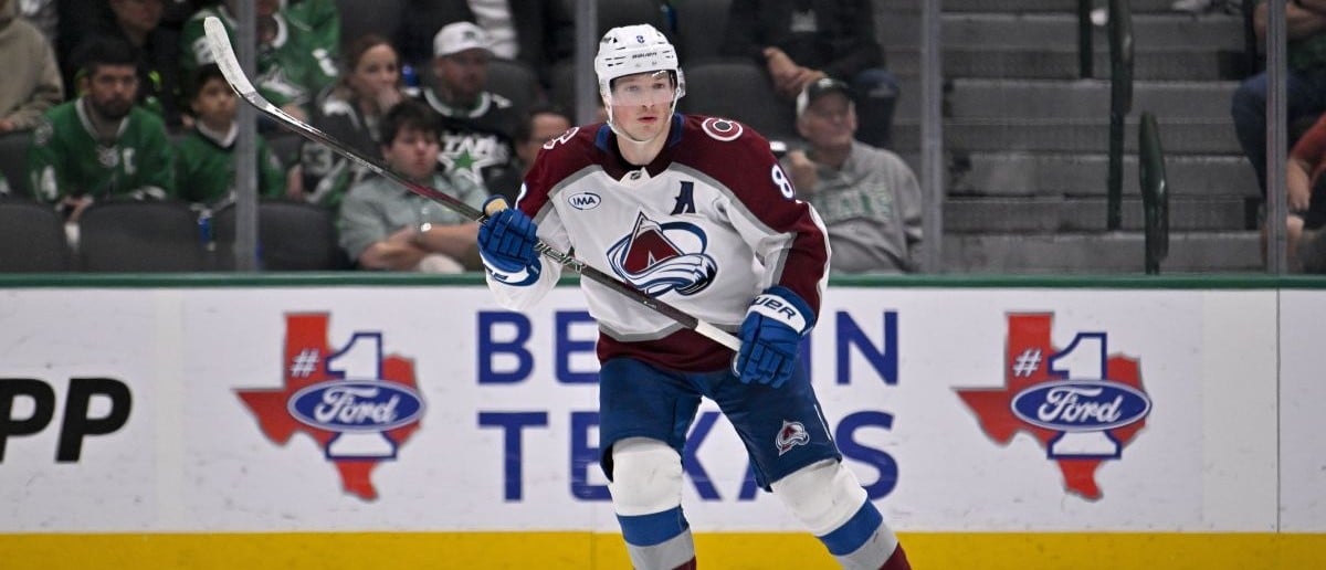 Colorado Avalanche defenseman Cale Makar (8) skates against the Dallas Stars during the game between the Stars and the Avalanche at American Airlines Center