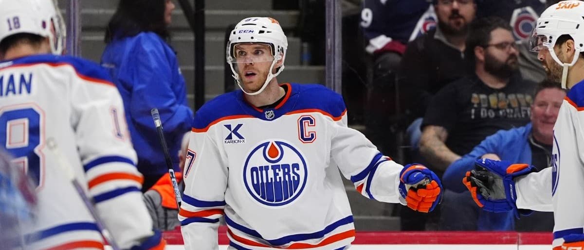 Edmonton Oilers center Connor McDavid (97) celebrates his go ahead goal in the third period against the Colorado Avalanche at Ball Arena.