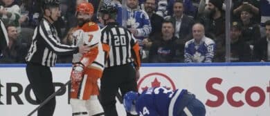 Anaheim Ducks defenseman Radko Gudas (7) looks at an injured Toronto Maple Leafs forward Auston Matthews (34) after he delivered a knee on knee hit during the second period at Scotiabank Arena
