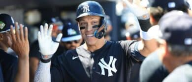 New York Yankees right fielder Aaron Judge (99) is congratulated after he hit a home run during the fifth inning against the Philadelphia Phillies at George M. Steinbrenner Field