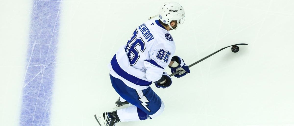 Tampa Bay Lightning right wing Nikita Kucherov (86) skates with the puck during the warmup period against the Calgary Flames at Scotiabank Saddledome