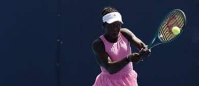 Victoria Mboko (CAN) hits a backhand against Mirra Andreeva (not pictured) on day 7 of the 2026 Miami Open at Hard Rock Stadium.