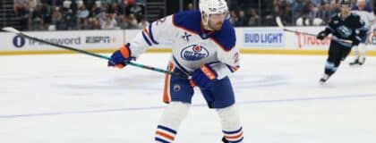 Edmonton Oilers defenseman Evan Bouchard (2) shoots against the Utah Mammoth during the second period at Delta Center