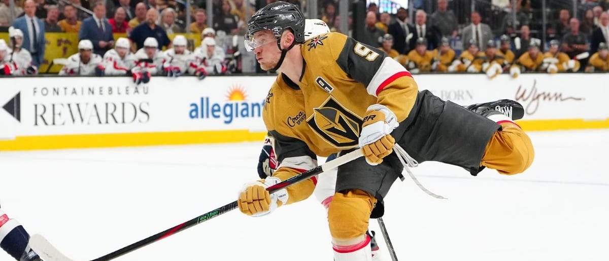 Vegas Golden Knights center Jack Eichel (9) shoots against the Washington Capitals during the third period at T-Mobile Arena