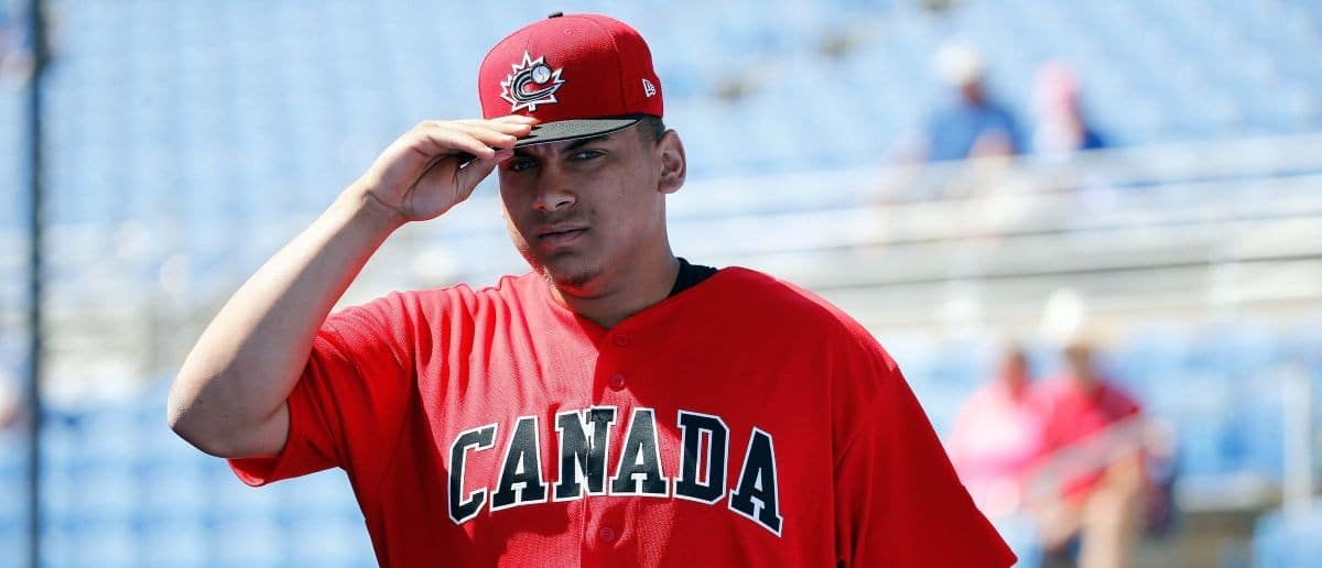 Canada first baseman Josh Naylor (32) works out prior a 2017 World Baseball Classic exhibition game against the Toronto Blue Jays at Florida Auto Exchange Stadium