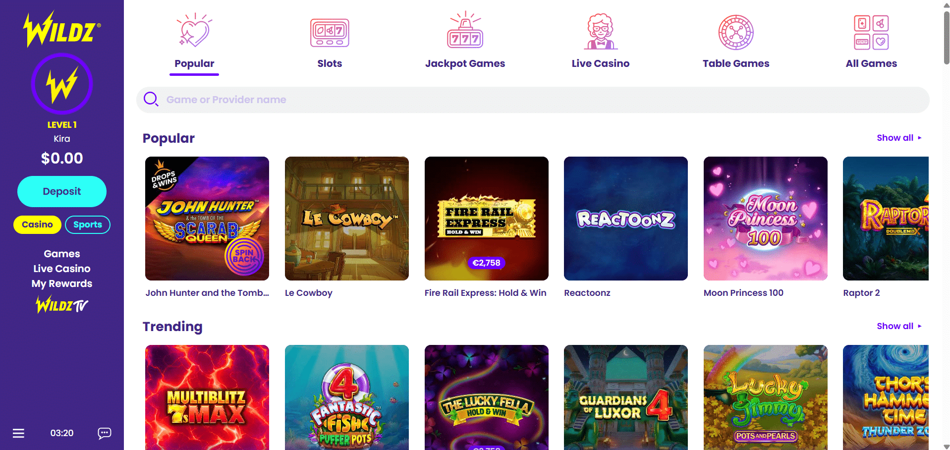 A desktop screenshot of the Wildz Casino Canada homepage.