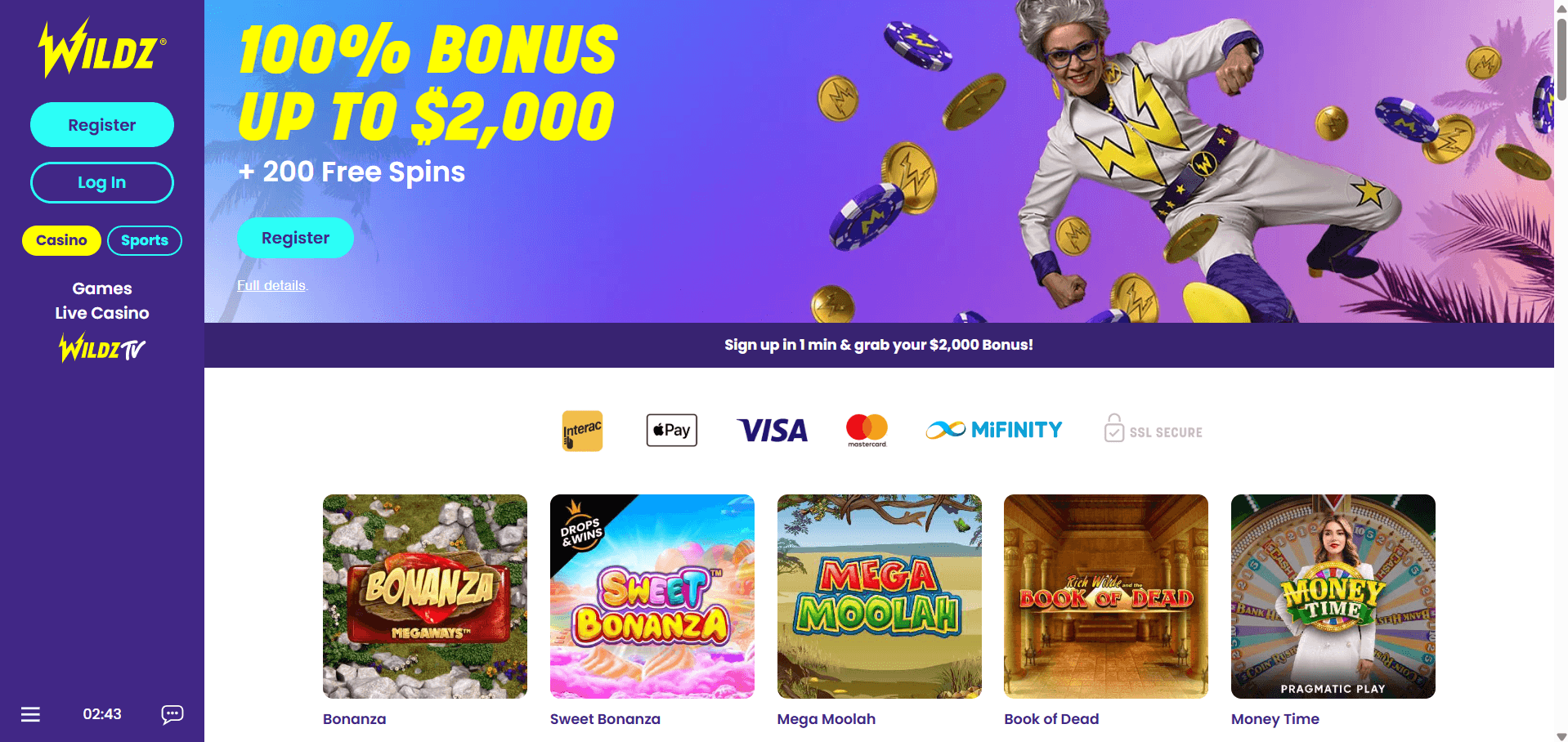 A desktop view screenshot of the Wildz Casino Canada registration page.