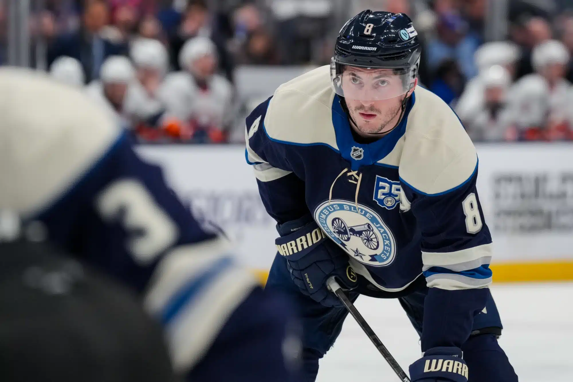 Feb 28, 2026; Columbus, Ohio, USA; Columbus Blue Jackets defenseman Zach Werenski (8) awaits the face-off against the New York Islanders in the second period at Nationwide Arena.