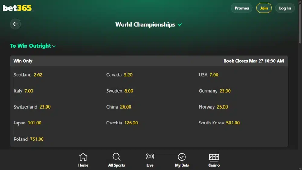 A desktop screenshot of bet365's curling betting page.
