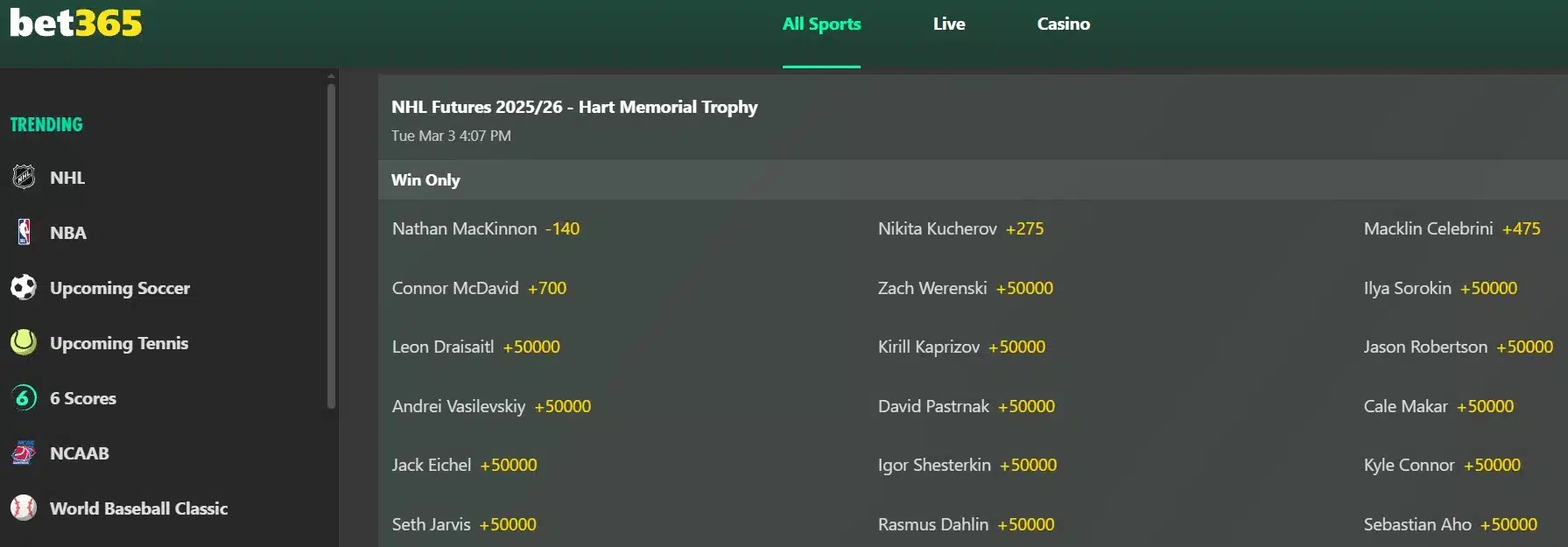 A screenshot of bet365's Hart Trophy odds