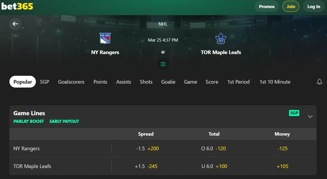 A screenshot view of Toronto Maple Leafs odds from bet365